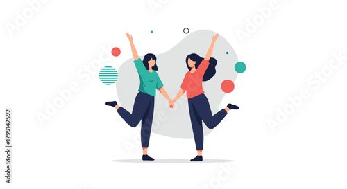 Two happy women friends holding hands and dancing together with colorful circles in the background.