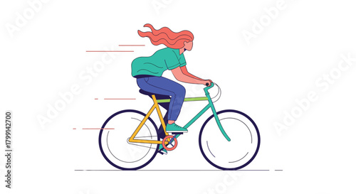A woman in a green shirt and blue jeans rides a bicycle on a white background. .