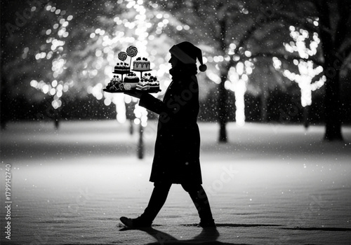 Festive silhouette of a person in a Santa hat carrying a tray of cupcakes.