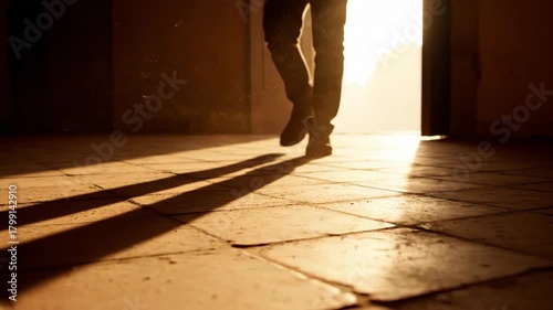 Lone man walking towards bright light from doorway, his silhouette and long shadow cast on dusty floor, concept of hope.