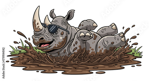 Cartoon rhino wearing sunglasses enjoying a mud bath.