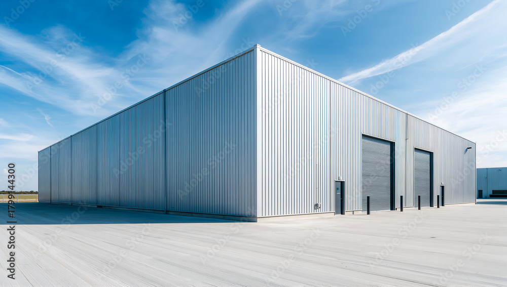 Fototapeta premium Modern industrial warehouse building with loading doors against a blue sky