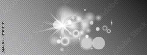 Abstract vector light effect with glowing bokeh, sparkles and lens flare on transparent background. White luminous burst with magical shimmer for overlays and photo editing.