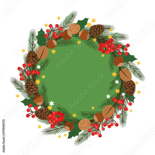 Christmas wreath with pine branches, nuts, rowan berries, holly and stars on green.