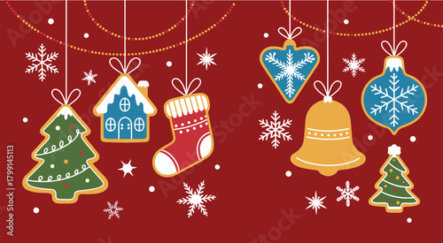 Christmas and New Year Garland Set with Cute Festive Decorations, Gingerbread Cookies, Snowflakes and Hanging Icing Treats in a Corner Decor Vector Illustration