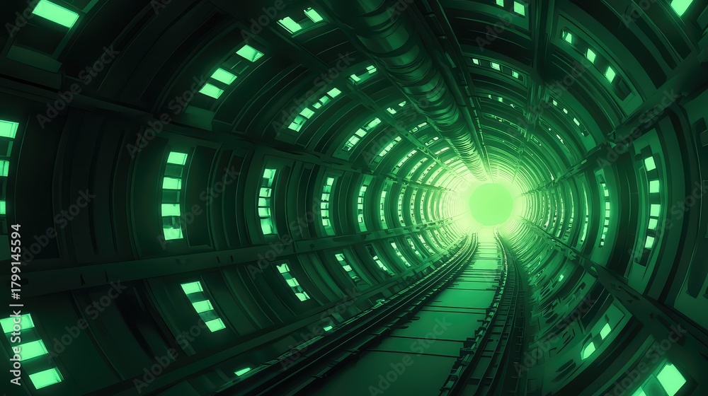 Fototapeta premium Futuristic sci fi tunnel with glowing green light