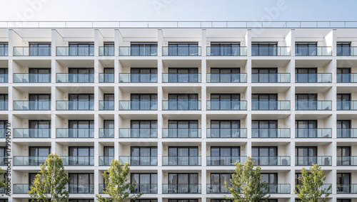 Modern apartment building with balconies and glass railings against a clear sky