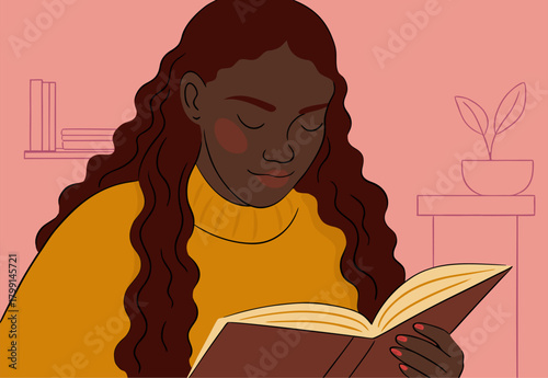 Young Black Woman Reading Book in Cozy Sweater
