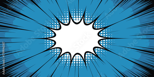 Comic-style blue radial burst background with halftone dots and a blank white center, perfect for text or action elements.Blue comic book burst with blank center

