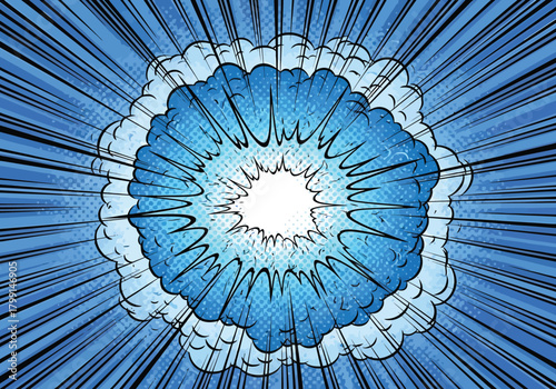 Vibrant comic-style blue explosion with smoke clouds, halftone texture, and dramatic radial lines creating a dynamic action effect.Blue comic explosion with smoke and rays


