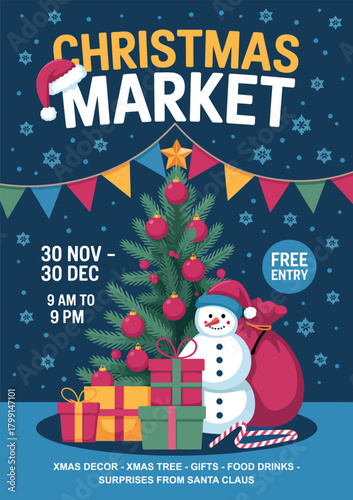 Christmas Market Poster Template with Festive Holiday Elements, Winter Decorations and Seasonal Typography for Event Promotion and Celebration Design
