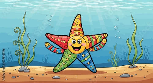 Cartoon starfish with colorful arms and a smiling face on the ocean floor.