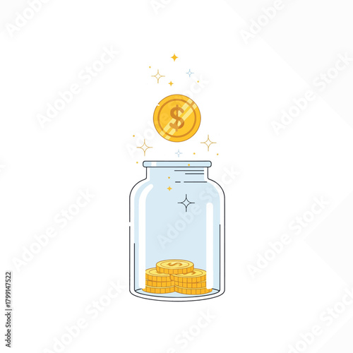 Financial growth and savings concept, a coin dropping into a glass jar filled with coins on a white background
