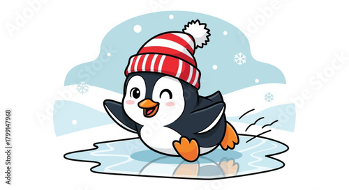 Cartoon penguin wearing a red and white hat sliding on ice.
