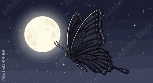 Butterfly flying towards the moon in a starry night sky.