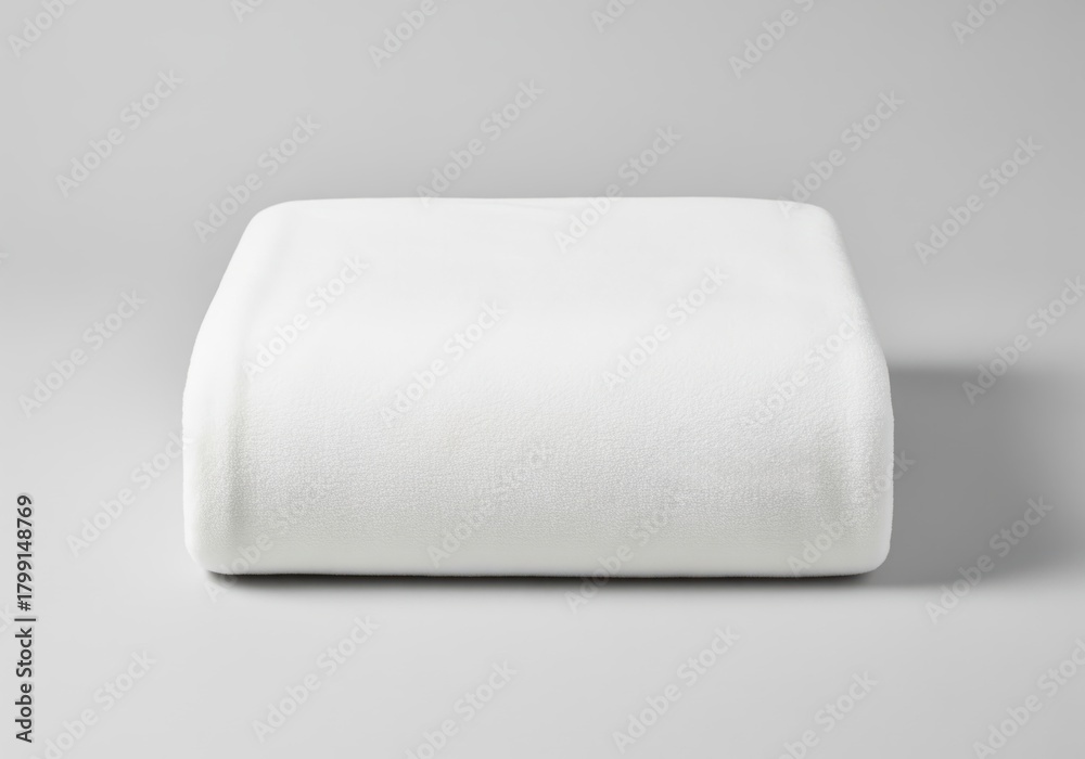 Obraz premium Pristine folded white fleece blanket or plush textile product on a gray studio background