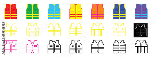 Life Jacket and Safety Vest Icon Set - Colorful Line and Solid Vector Graphics.