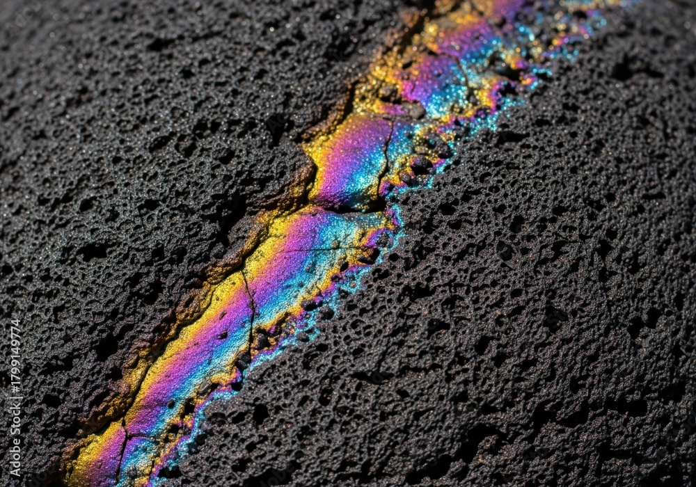 Obraz premium Iridescent rainbow oil slick streak on rough porous black volcanic basalt texture