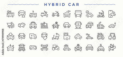 Hybrid Car linear icon collection. Vehicle icon set. Perfect for logos and infographic. Contains such symbols as hybrid, car, taxi, transport, cars, automobile and more. Editable stroke.