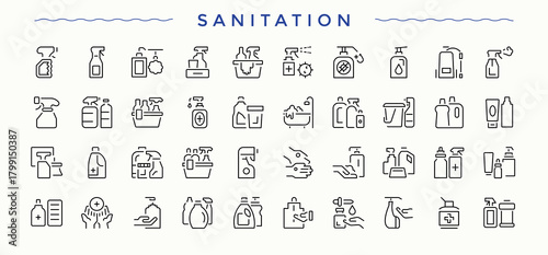 Sanitizing line icon set. Cleaning vector line icon set. Includes symbols for clean, dryer wash, washer, cleaning, wash and more. Art and illustration.