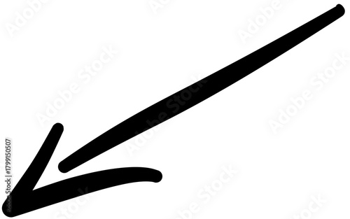 Hand-drawn rough sketch arrow pointing diagonally down-left, symbolizing direction, emphasis, or a downward trend, perfect for graphic design elements and indicators