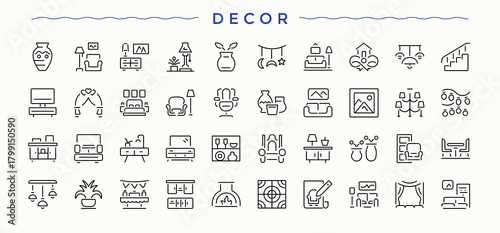Decor icon. Thin icons set. Includes thin line symbols desing, room, architecture, house decoration, furniture, decoration. Vector artwork and illustration. House Decoration icon collection.