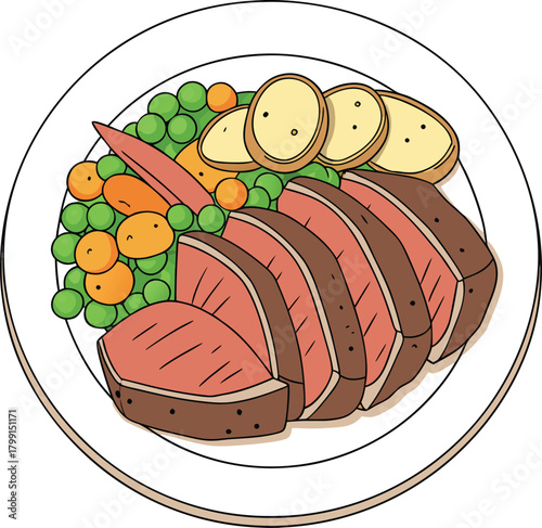 Hearty roast beef dinner with vegetables isolated on