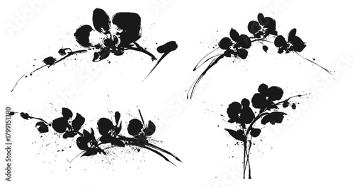 Oriental ink painting of orchid flowers in traditional brush style on white background