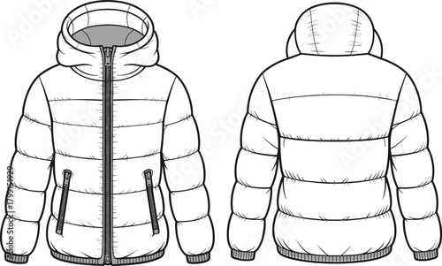 Winter puffer jacket design front and back view, warm padded coat illustration, fashion outerwear template, modern hooded jacket vector drawing art