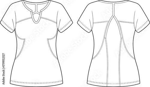Women short sleeve top technical flat sketch, front and back view, fashion CAD drawing, clothing design template, vector apparel illustration.