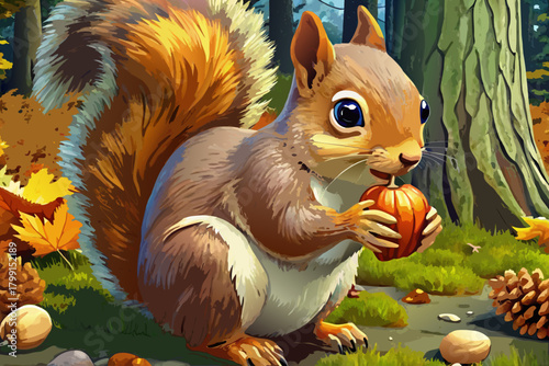 Close-up of squirrel eating walnuts in natural forest environment, detailed wildlife behavior scene with textured fur, autumn environment, nature observation and adorable forest animal photography con