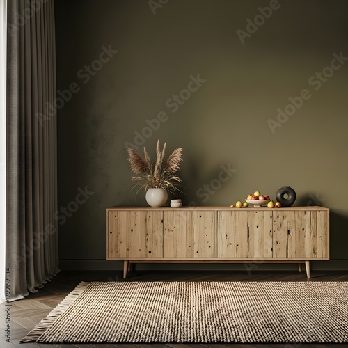 A meticulously curated living space, the scene captures the interplay of textures, light, and natural elements. The warm tones of the wooden cabinet provide a counterpoint to the cool.