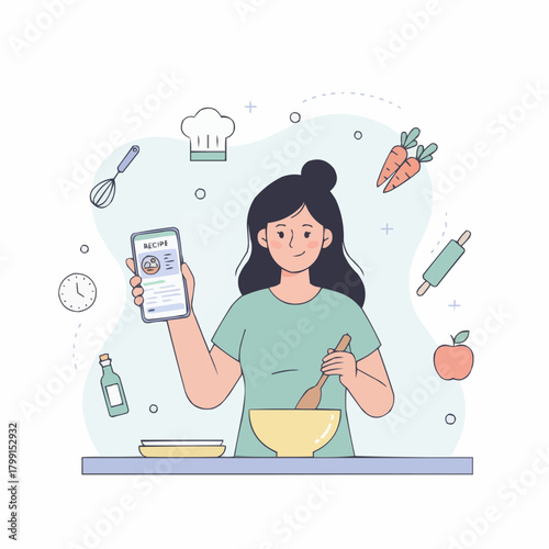 Woman Cooking and Following a Digital Recipe