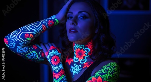 Woman with Glowing Neon Tattoos Under Blacklight