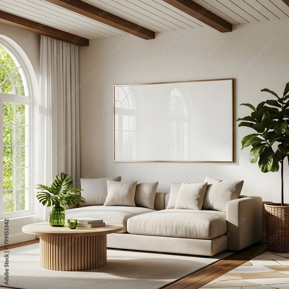 Naklejka premium A light-filled living room designed with modern aesthetic, featuring large blank poster, a contemporary design and a hint of nature.