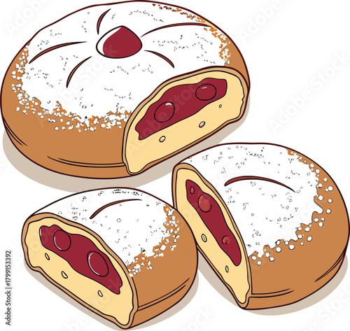 Hanukkah sufganiyot with powdered sugar and jam isolated on