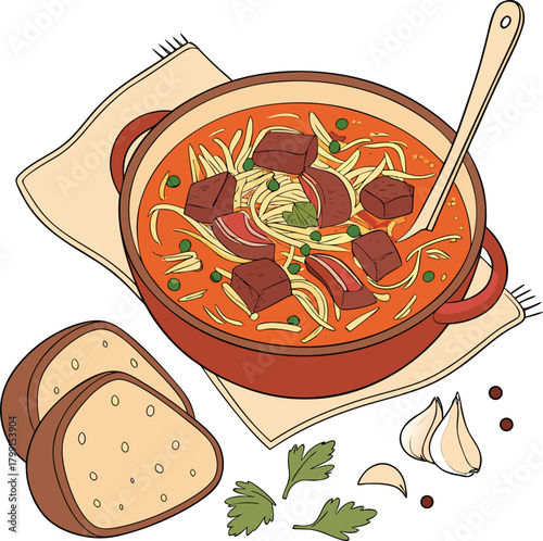 Traditional hungarian goulash soup with beef and noodles isolated on white