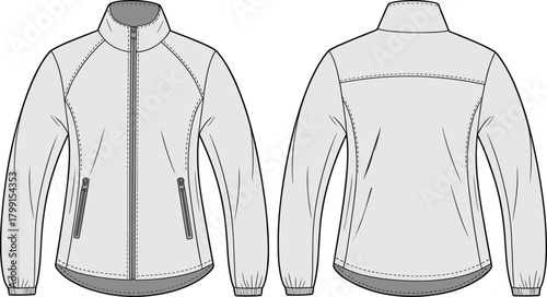 Women’s windbreaker jacket technical flat sketch, front and back view, lightweight outerwear vector template, fashion CAD drawing clothing design illustration