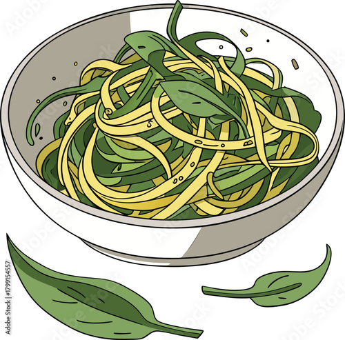 Bowl of zucchini noodles with basil leaves isolated on
