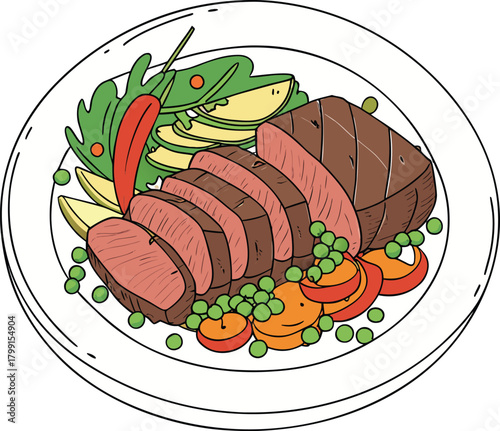 Grilled beef steak with vegetables isolated on