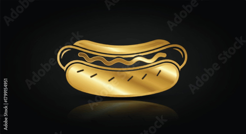 Luxury Gold Hot Dog Icon with Reflection on Black Background