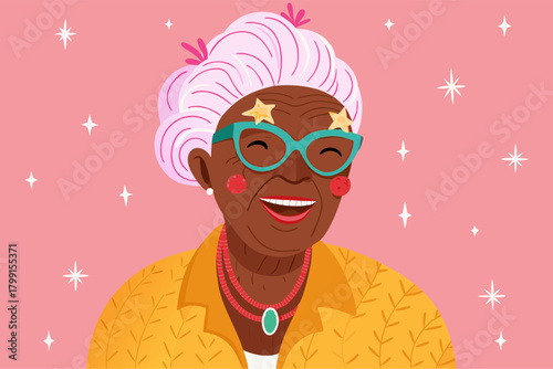 Cheerful Senior Black Woman Christmas Portrait Illustration