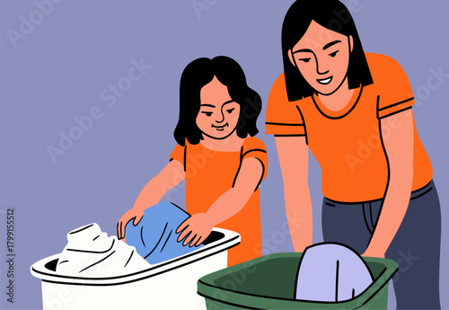 Mother Teaching Daughter Laundry Chores, Family Bonding