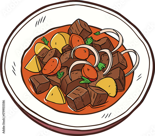 Delicious beef stew with potatoes, tomatoes, and onions on a white plate