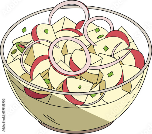 Potato salad with red onion and green onion in a glass bowl