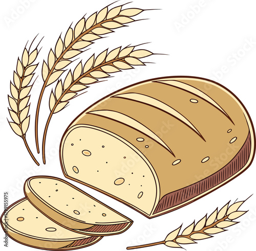 Loaf of bread with wheat ears isolated on illustration