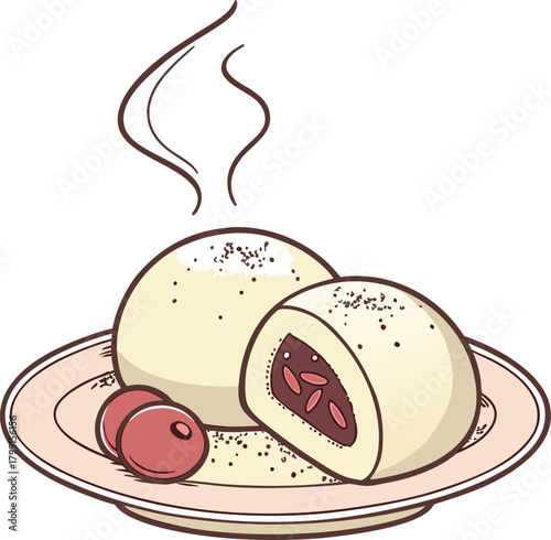 Steamed dumpling with red bean paste isolated on illustration