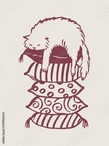 Cat on pillows hand drawn vector illustration