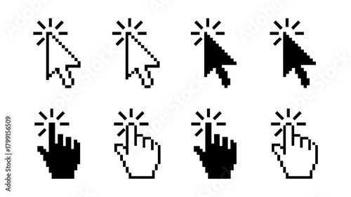 Pixelated computer mouse pointer and hand cursor icons with interactive click effect. essential ui ux web design elements.