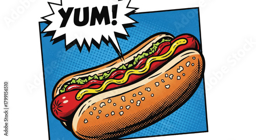 Pop Art Hot Dog Comic Book Illustration with 'YUM!' Speech Bubble